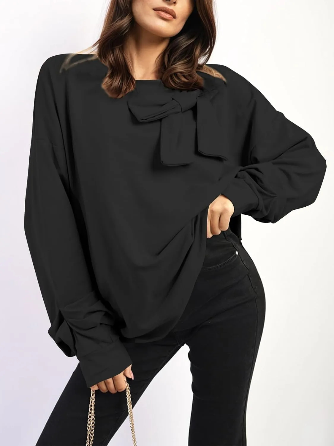 Cakulo 2024 Oversized Sweatshirts For Women Loose Fit Fall Fashion Crewneck Long Sleeve Casual Cute Bow Tunic Tops
