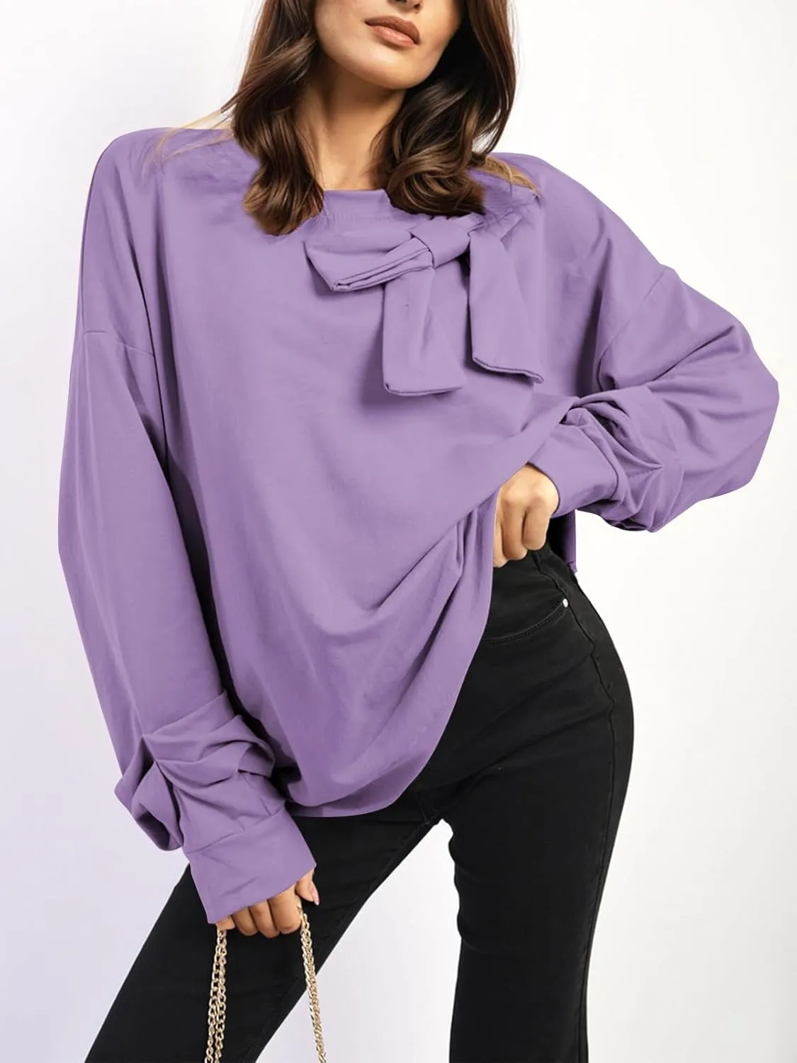 Cakulo 2024 Oversized Sweatshirts For Women Loose Fit Fall Fashion Crewneck Long Sleeve Casual Cute Bow Tunic Tops