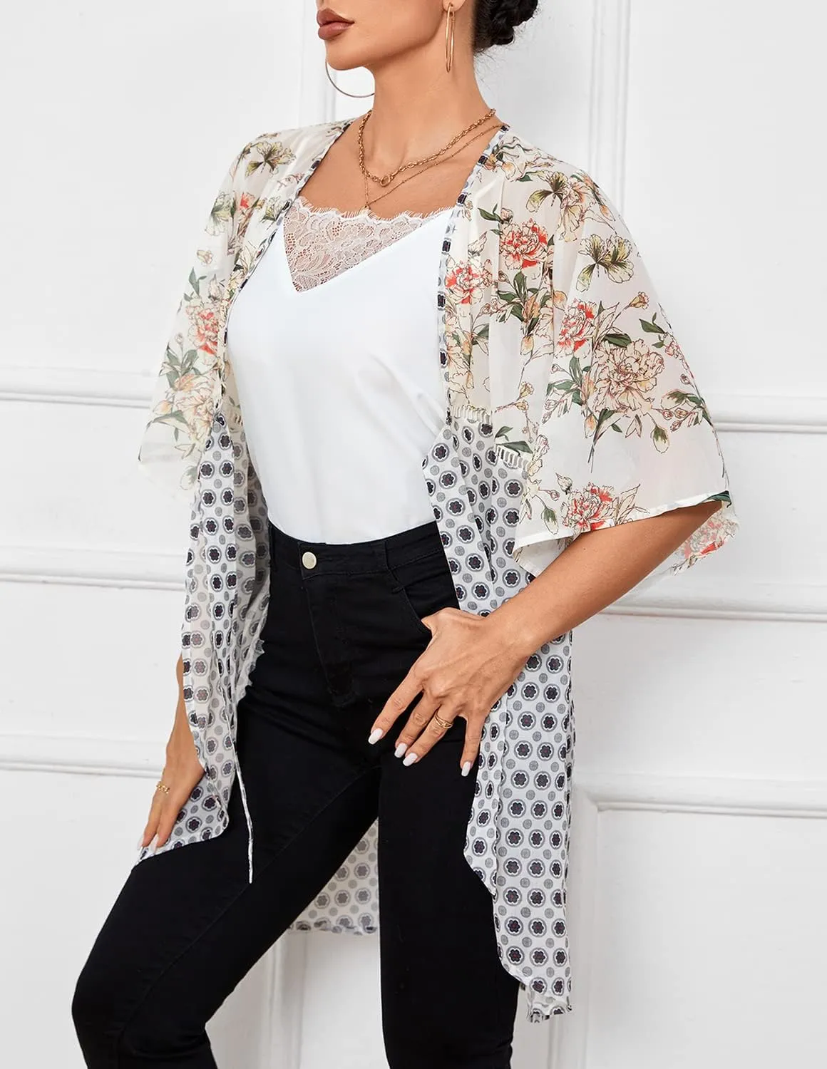 ChainJoy Chiffon Boho Floral Kimono Cardigans Tie Front Half Sleeve