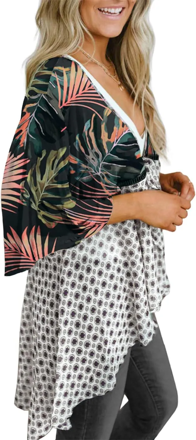 ChainJoy Chiffon Boho Floral Kimono Cardigans Tie Front Half Sleeve
