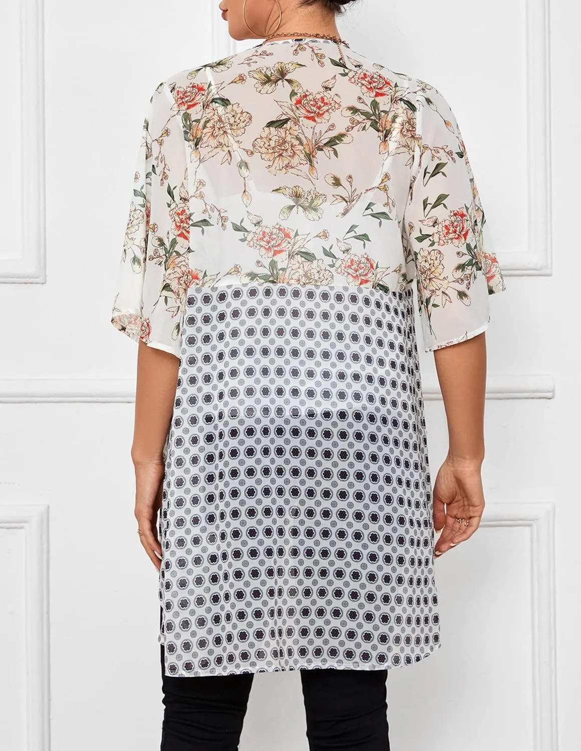 ChainJoy Chiffon Boho Floral Kimono Cardigans Tie Front Half Sleeve