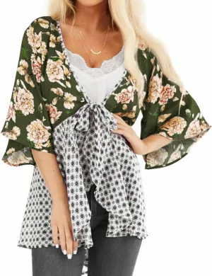 ChainJoy Chiffon Boho Floral Kimono Cardigans Tie Front Half Sleeve