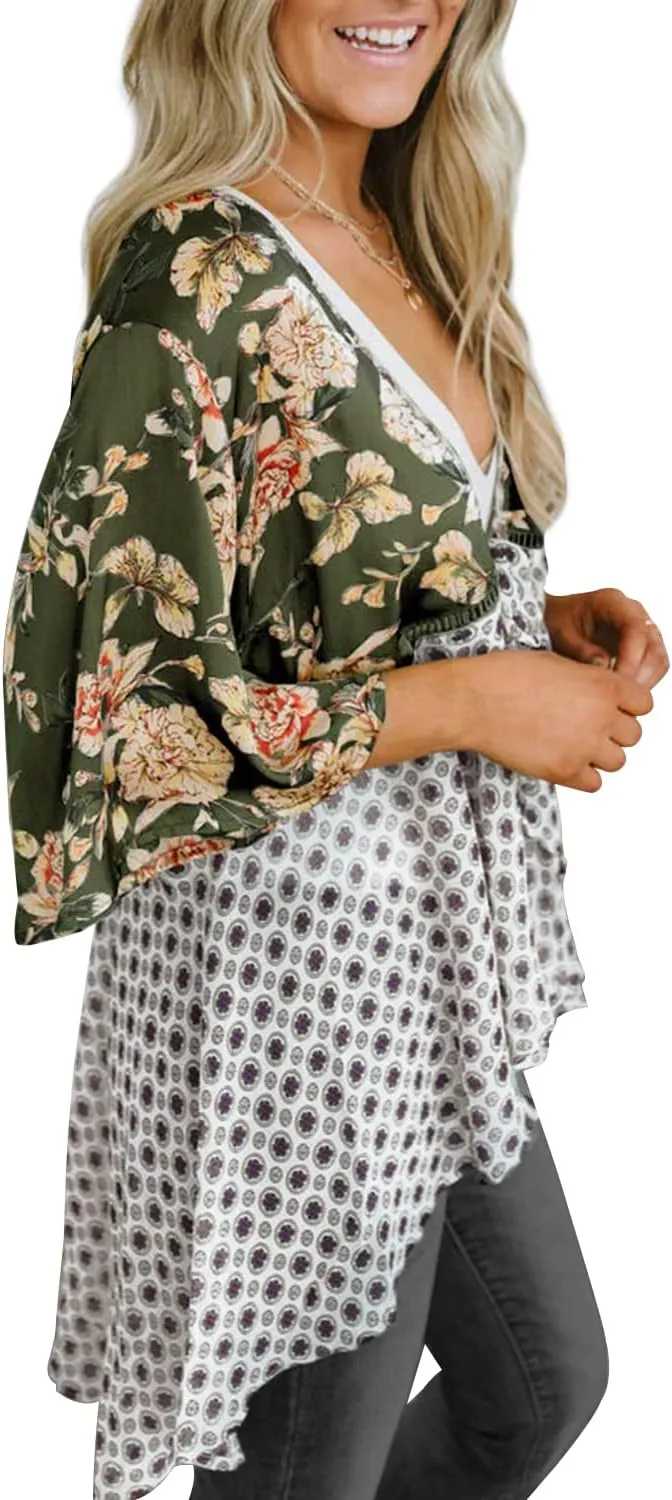 ChainJoy Chiffon Boho Floral Kimono Cardigans Tie Front Half Sleeve