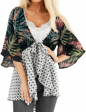 ChainJoy Chiffon Boho Floral Kimono Cardigans Tie Front Half Sleeve
