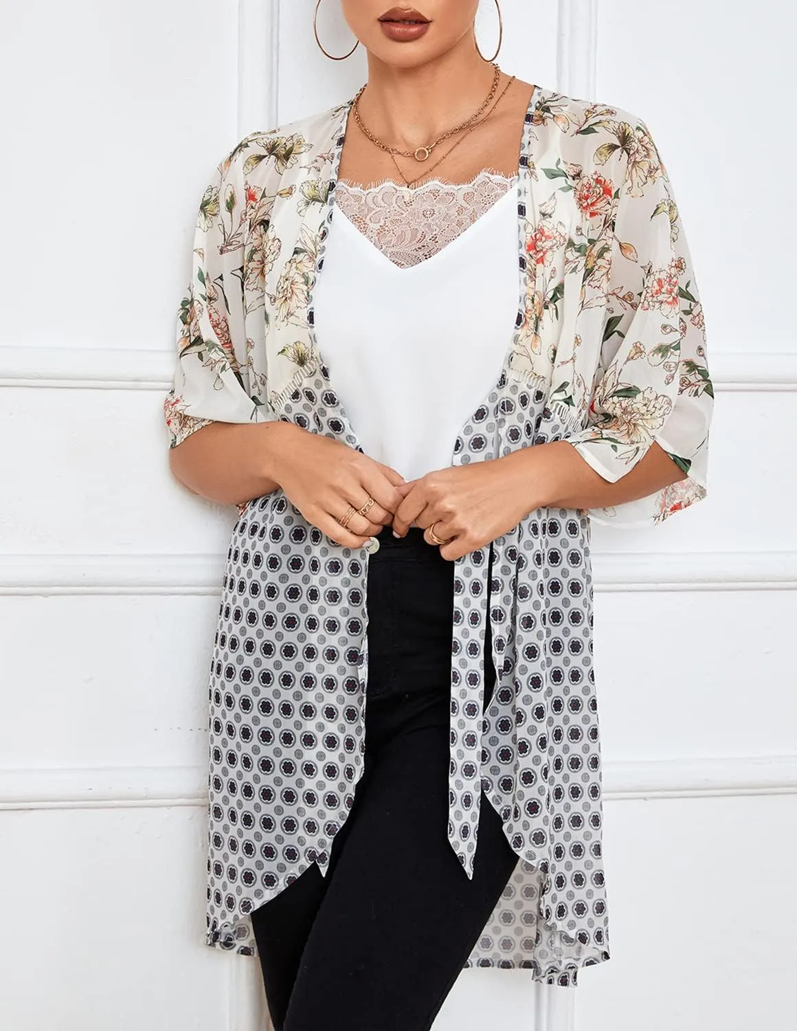 ChainJoy Chiffon Boho Floral Kimono Cardigans Tie Front Half Sleeve
