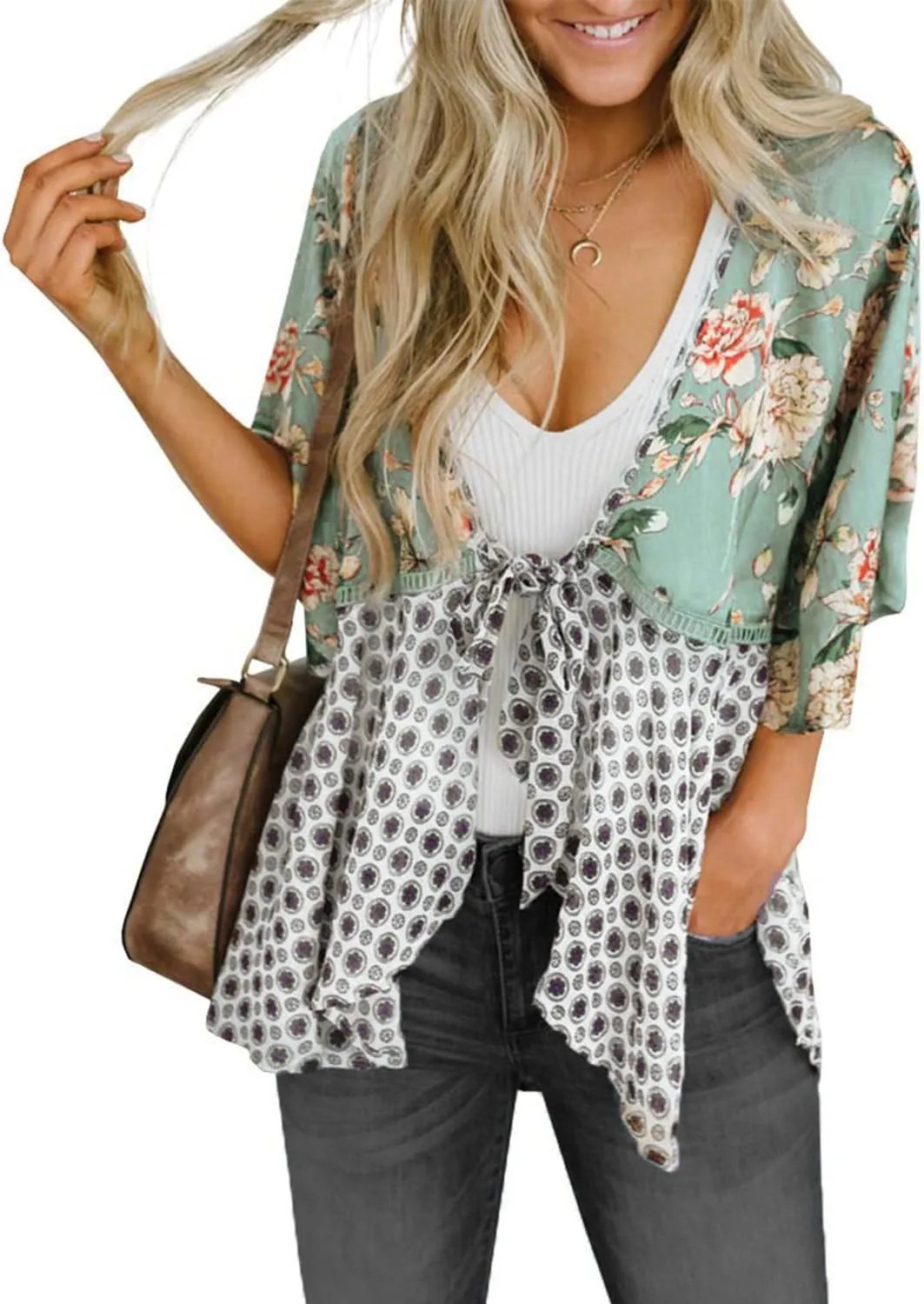 ChainJoy Chiffon Boho Floral Kimono Cardigans Tie Front Half Sleeve