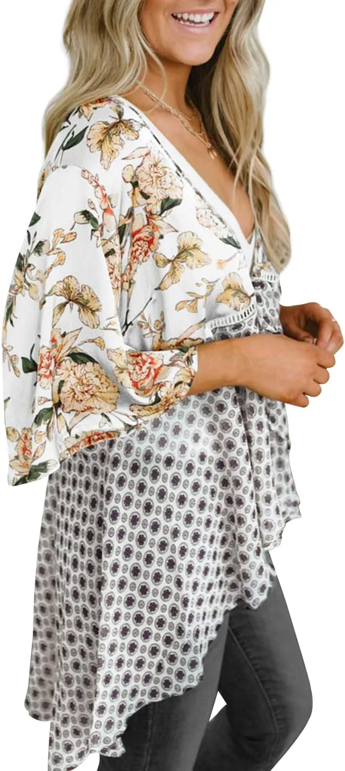 ChainJoy Chiffon Boho Floral Kimono Cardigans Tie Front Half Sleeve