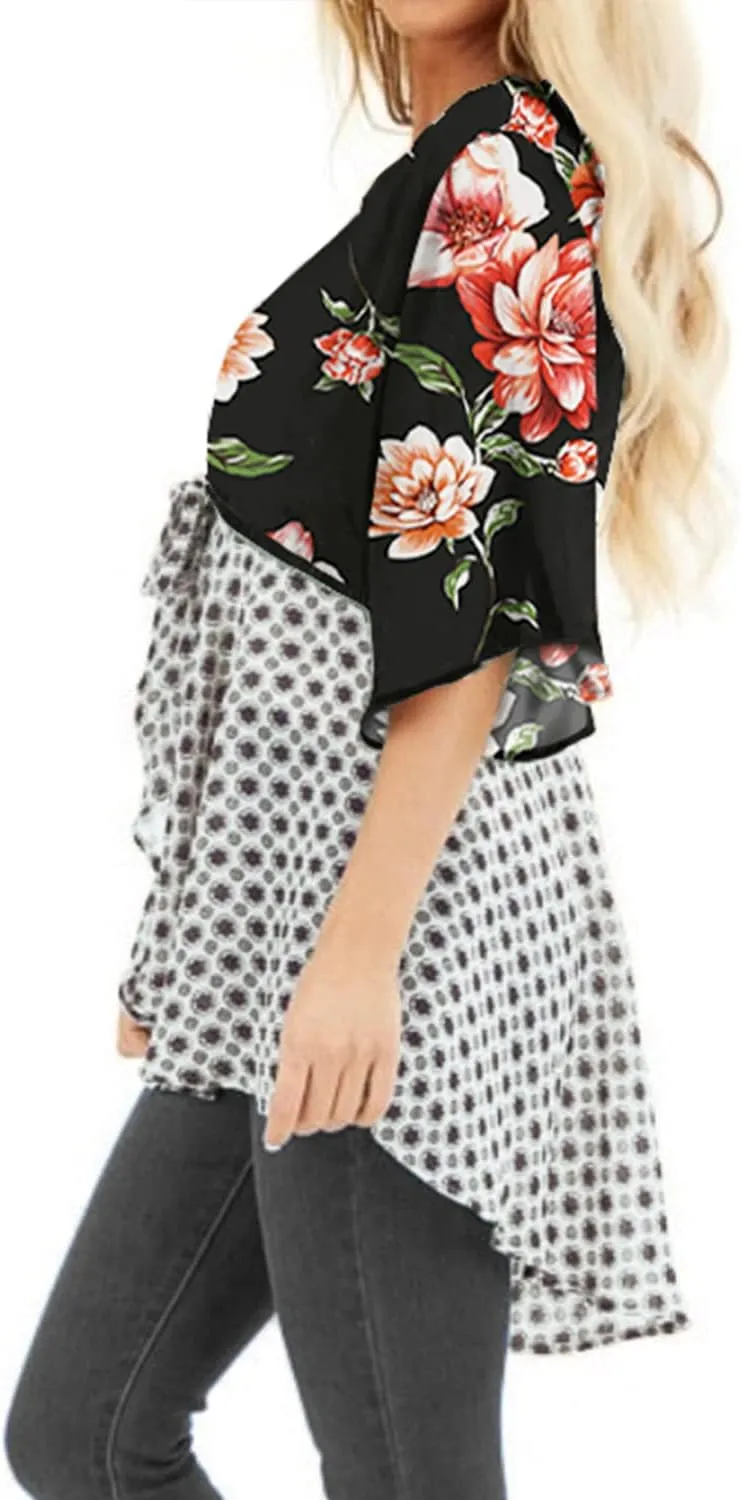 ChainJoy Chiffon Boho Floral Kimono Cardigans Tie Front Half Sleeve