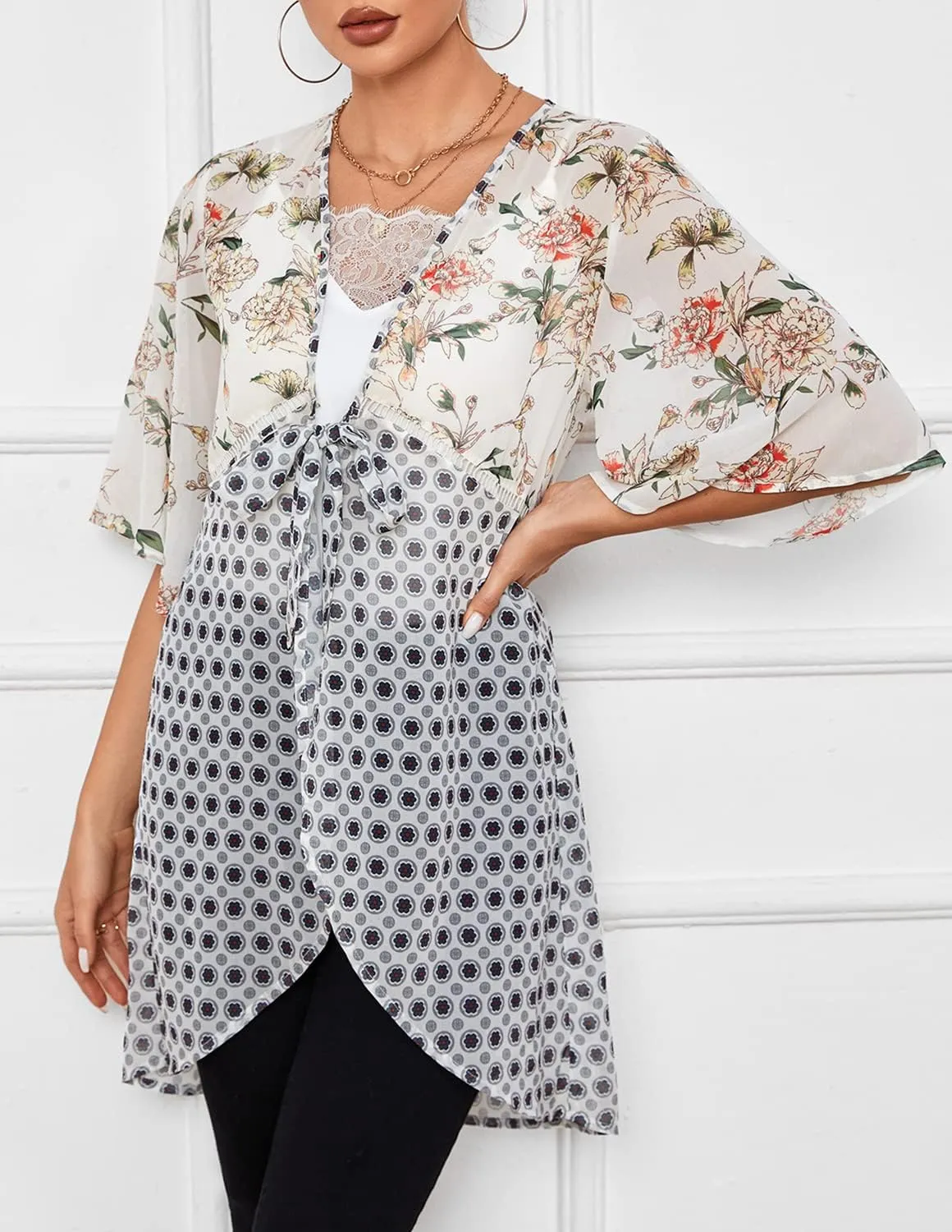 ChainJoy Chiffon Boho Floral Kimono Cardigans Tie Front Half Sleeve