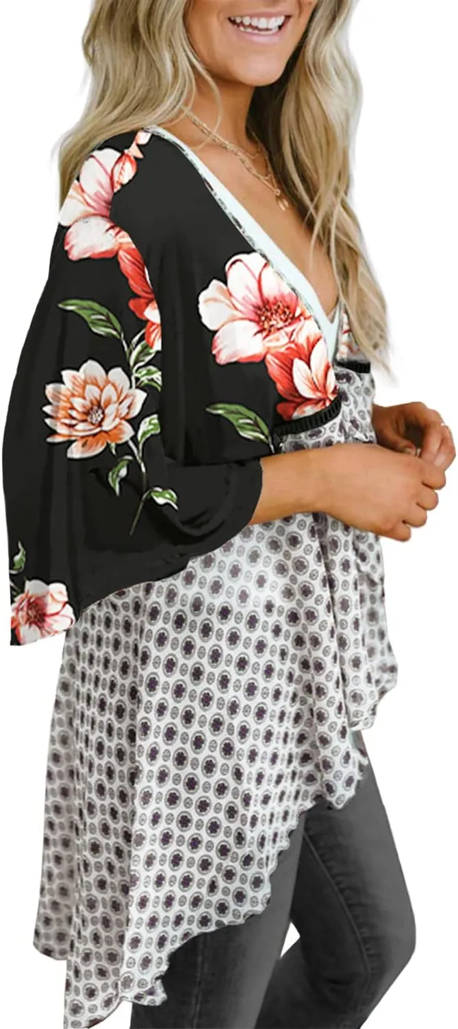 ChainJoy Chiffon Boho Floral Kimono Cardigans Tie Front Half Sleeve