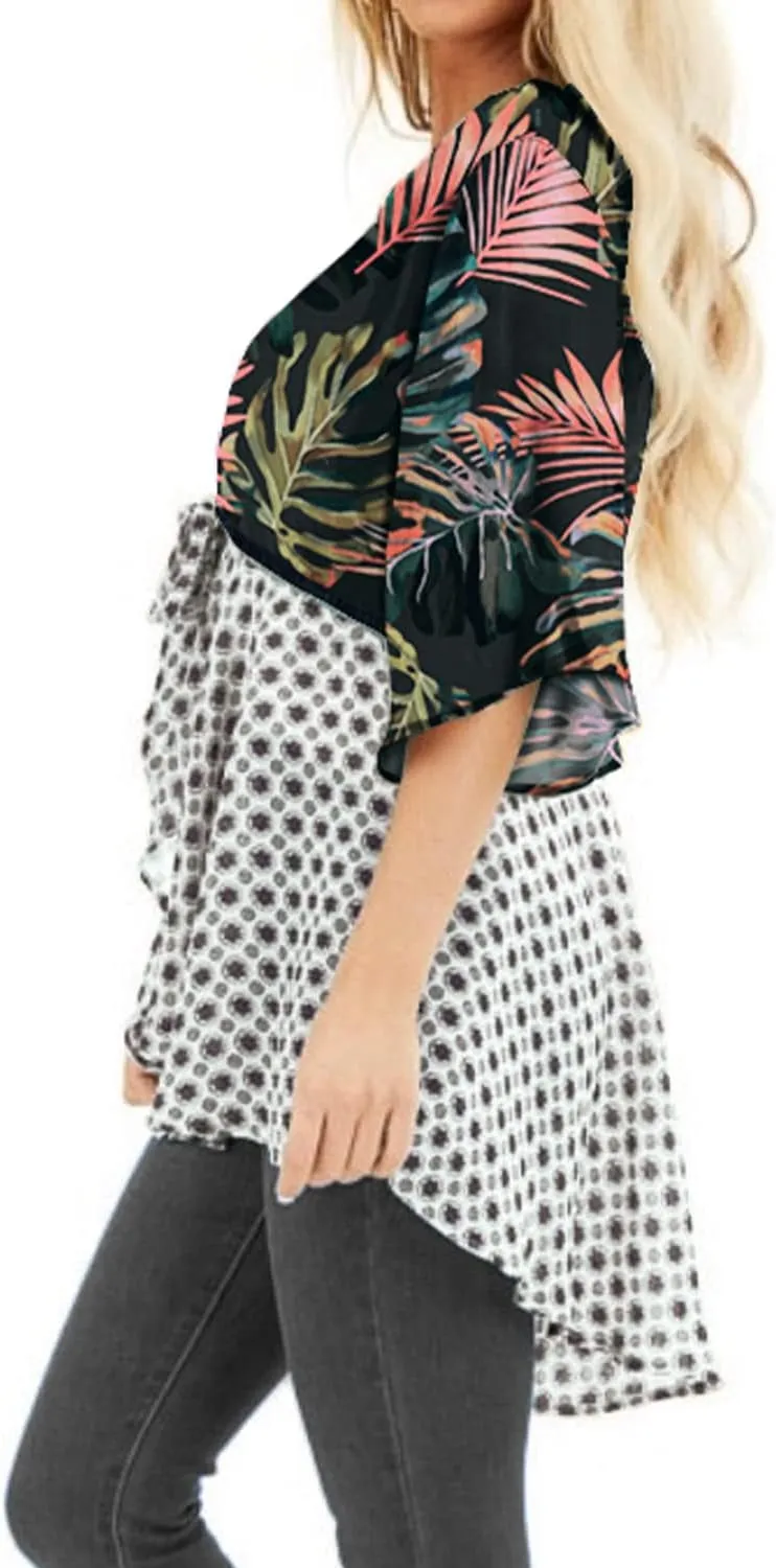 ChainJoy Chiffon Boho Floral Kimono Cardigans Tie Front Half Sleeve