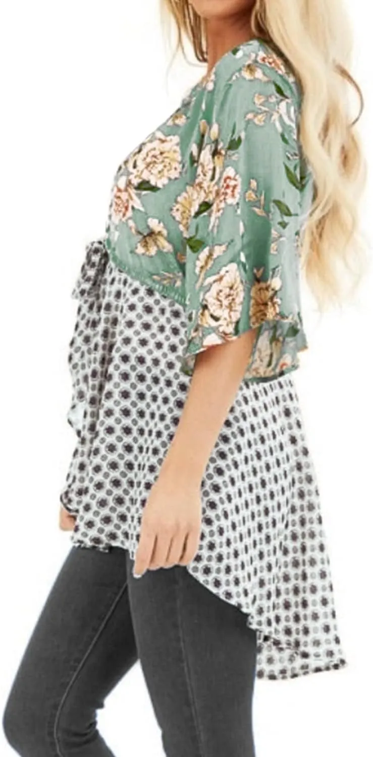 ChainJoy Chiffon Boho Floral Kimono Cardigans Tie Front Half Sleeve