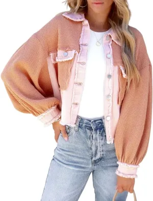 CHARTOU Women's Oversized Waffle Knit Shacket Cropped Color Block Jean Patchwork Blouse Shirt