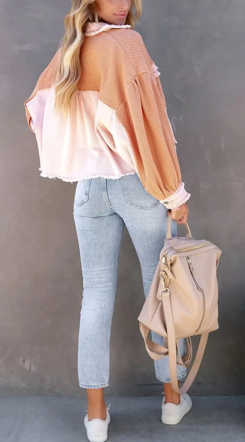 CHARTOU Women's Oversized Waffle Knit Shacket Cropped Color Block Jean Patchwork Blouse Shirt
