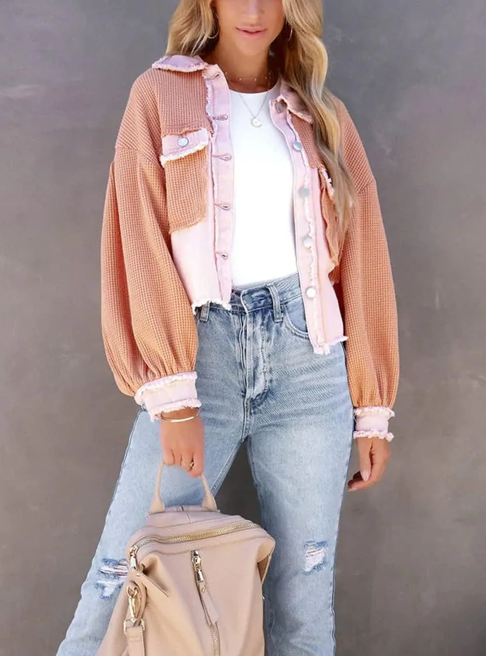 CHARTOU Women's Oversized Waffle Knit Shacket Cropped Color Block Jean Patchwork Blouse Shirt