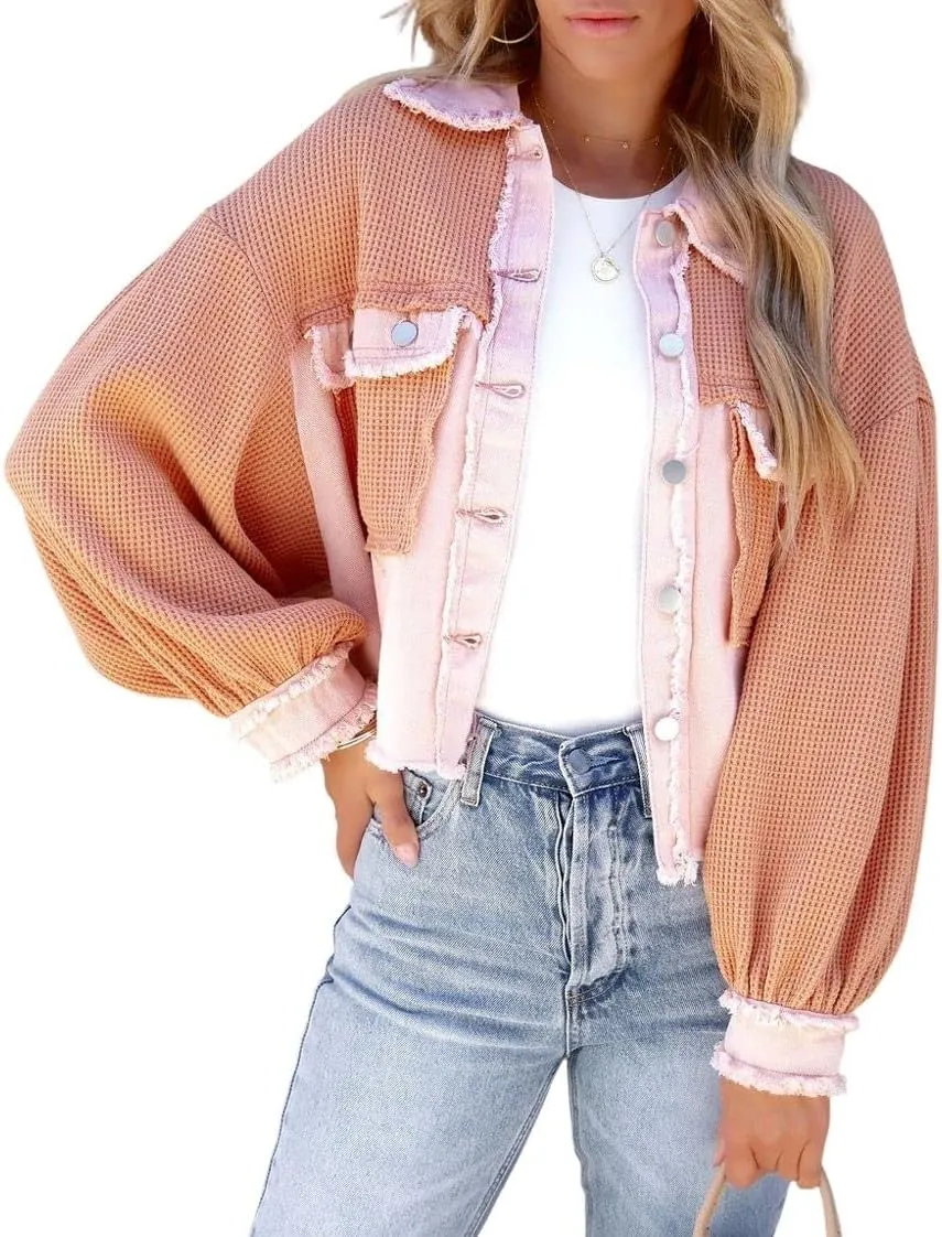 CHARTOU Women's Oversized Waffle Knit Shacket Cropped Color Block Jean Patchwork Blouse Shirt