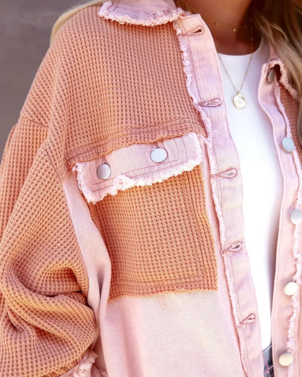 CHARTOU Women's Oversized Waffle Knit Shacket Cropped Color Block Jean Patchwork Blouse Shirt