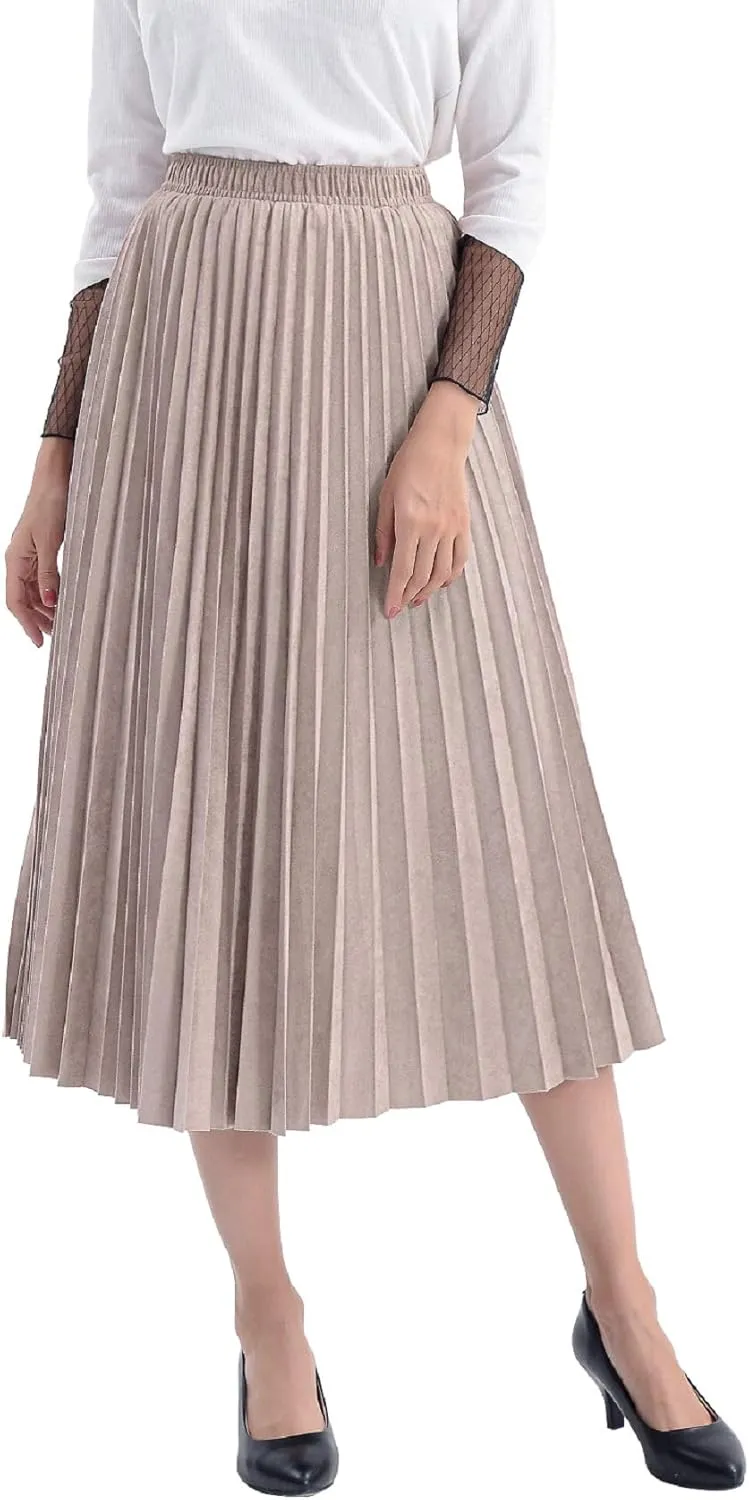 CHARTOU Women's Stretchy High Waist Velvet Pleated Ruffled Midi Long Swing Skirt