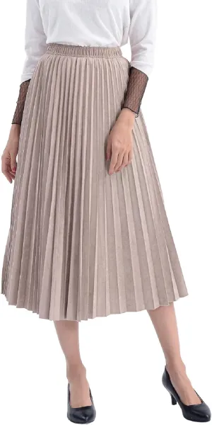 CHARTOU Women's Stretchy High Waist Velvet Pleated Ruffled Midi Long Swing Skirt
