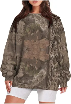 ChicCrate Womens Camo Hoodie Oversized Crewneck Sweatshirts Long Sleeve Loose Fit Pullover Maple Leaf Print Tops Y2K Blouse