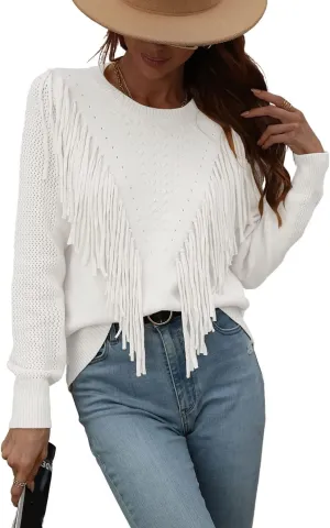 chouyatou Women's Casual Crewneck Fringe Tassel Knitted Pullover Sweater Jumper Tops