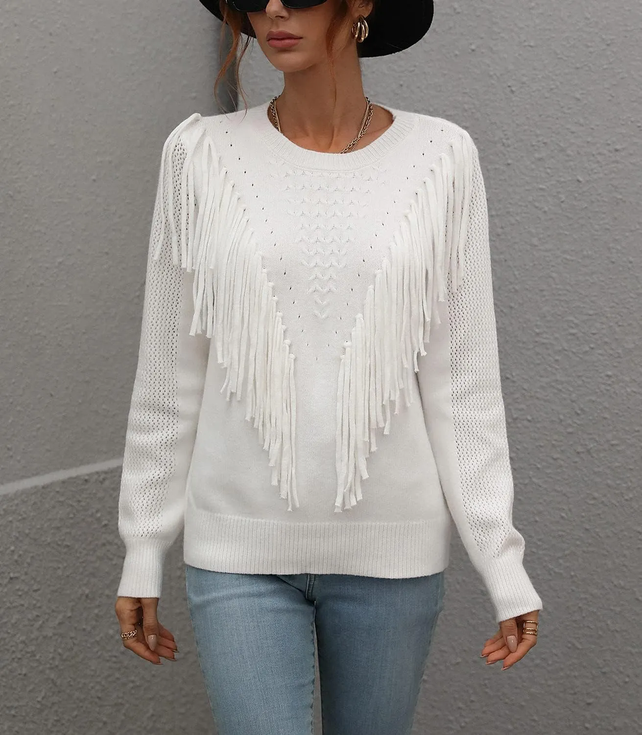 chouyatou Women's Casual Crewneck Fringe Tassel Knitted Pullover Sweater Jumper Tops