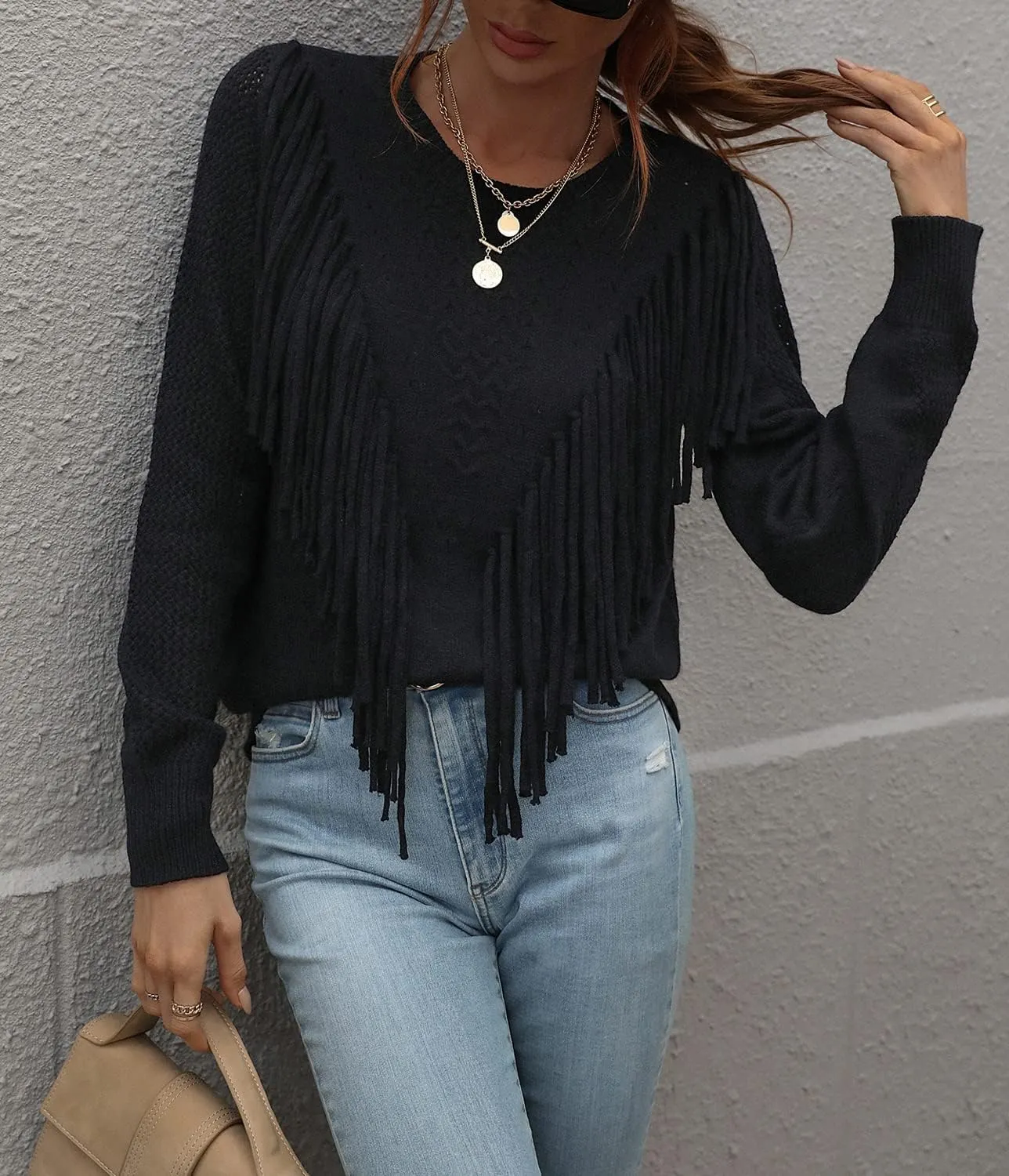 chouyatou Women's Casual Crewneck Fringe Tassel Knitted Pullover Sweater Jumper Tops