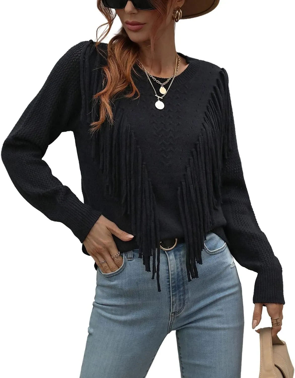 chouyatou Women's Casual Crewneck Fringe Tassel Knitted Pullover Sweater Jumper Tops