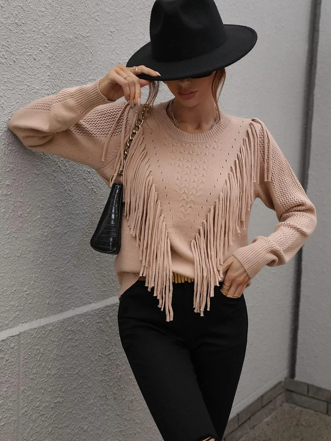 chouyatou Women's Casual Crewneck Fringe Tassel Knitted Pullover Sweater Jumper Tops