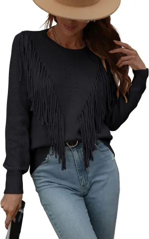 chouyatou Women's Casual Crewneck Fringe Tassel Knitted Pullover Sweater Jumper Tops