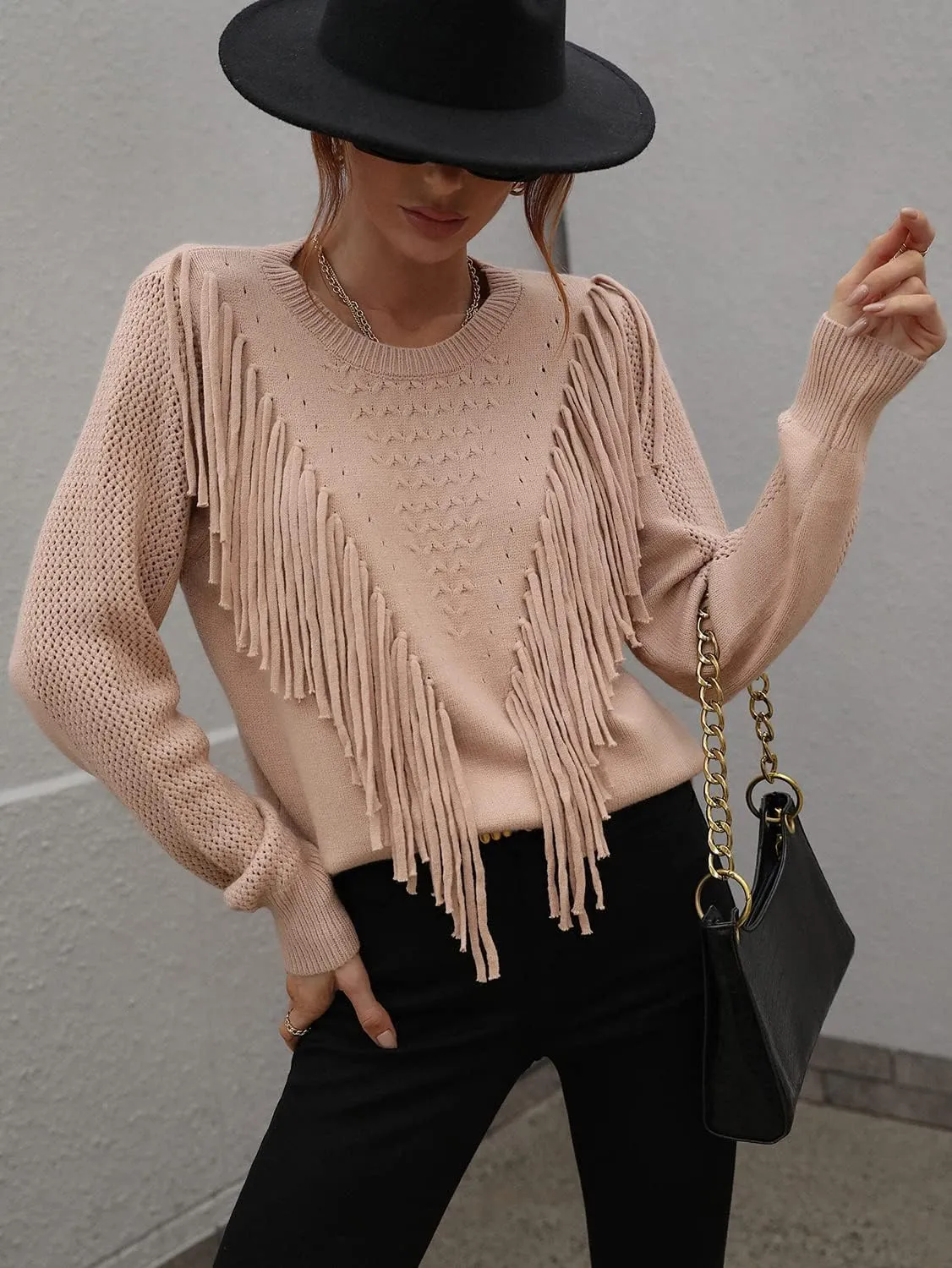 chouyatou Women's Casual Crewneck Fringe Tassel Knitted Pullover Sweater Jumper Tops