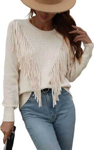 chouyatou Women's Casual Crewneck Fringe Tassel Knitted Pullover Sweater Jumper Tops