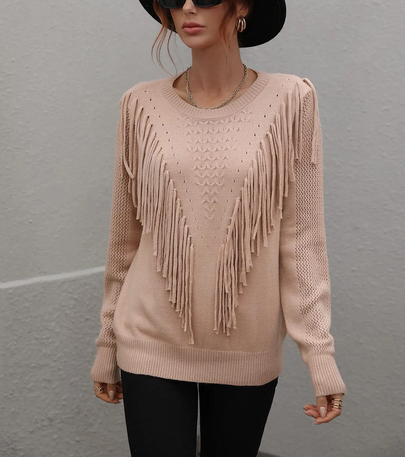 chouyatou Women's Casual Crewneck Fringe Tassel Knitted Pullover Sweater Jumper Tops