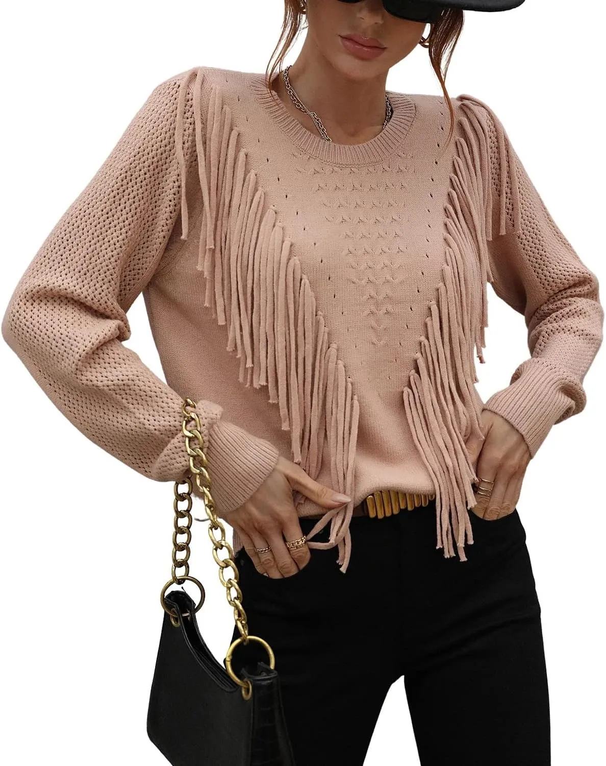 chouyatou Women's Casual Crewneck Fringe Tassel Knitted Pullover Sweater Jumper Tops