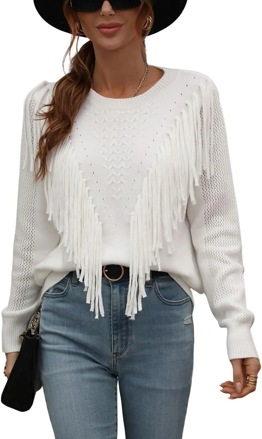 chouyatou Women's Casual Crewneck Fringe Tassel Knitted Pullover Sweater Jumper Tops