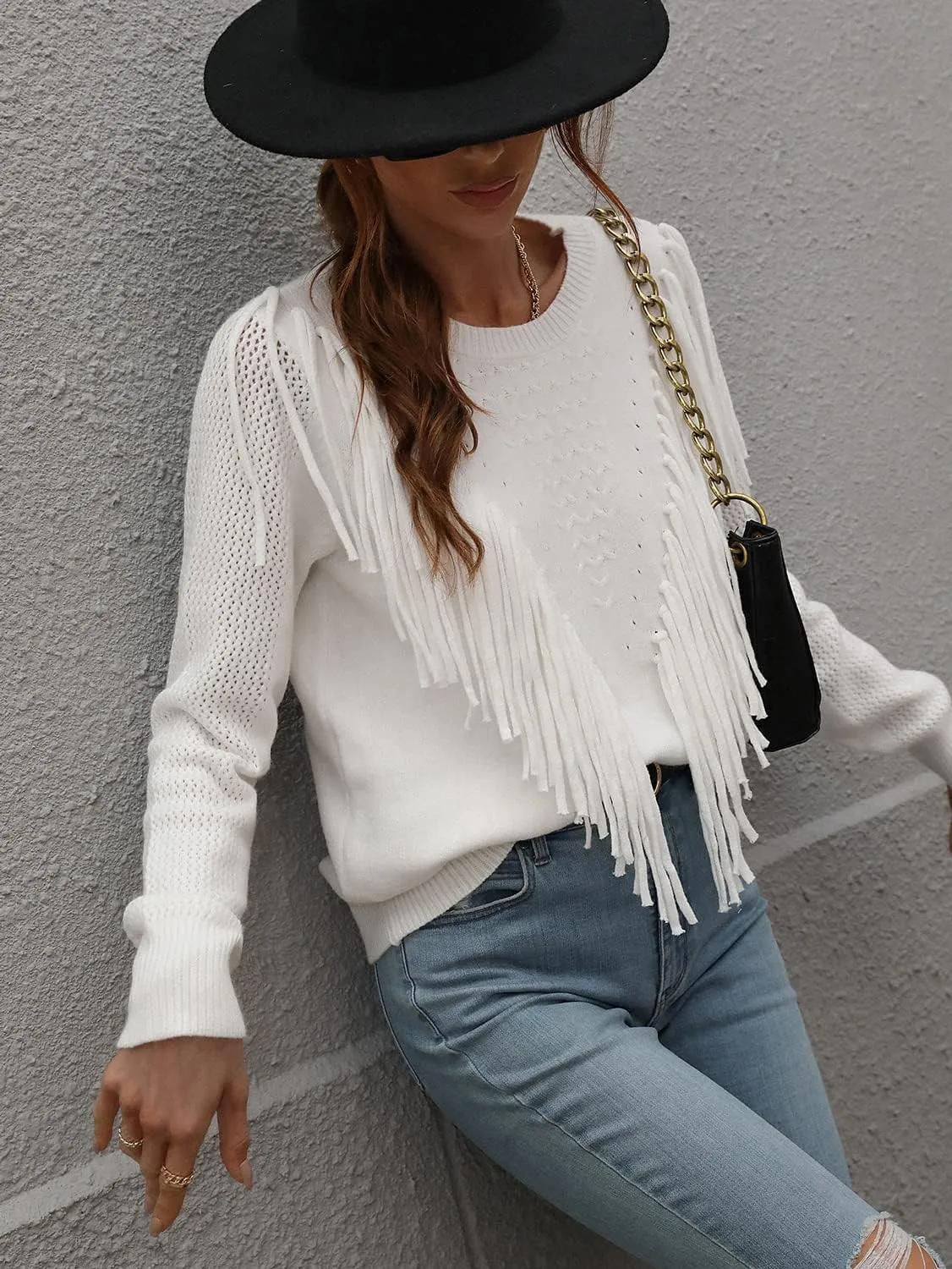 chouyatou Women's Casual Crewneck Fringe Tassel Knitted Pullover Sweater Jumper Tops