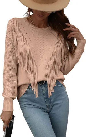 chouyatou Women's Casual Crewneck Fringe Tassel Knitted Pullover Sweater Jumper Tops