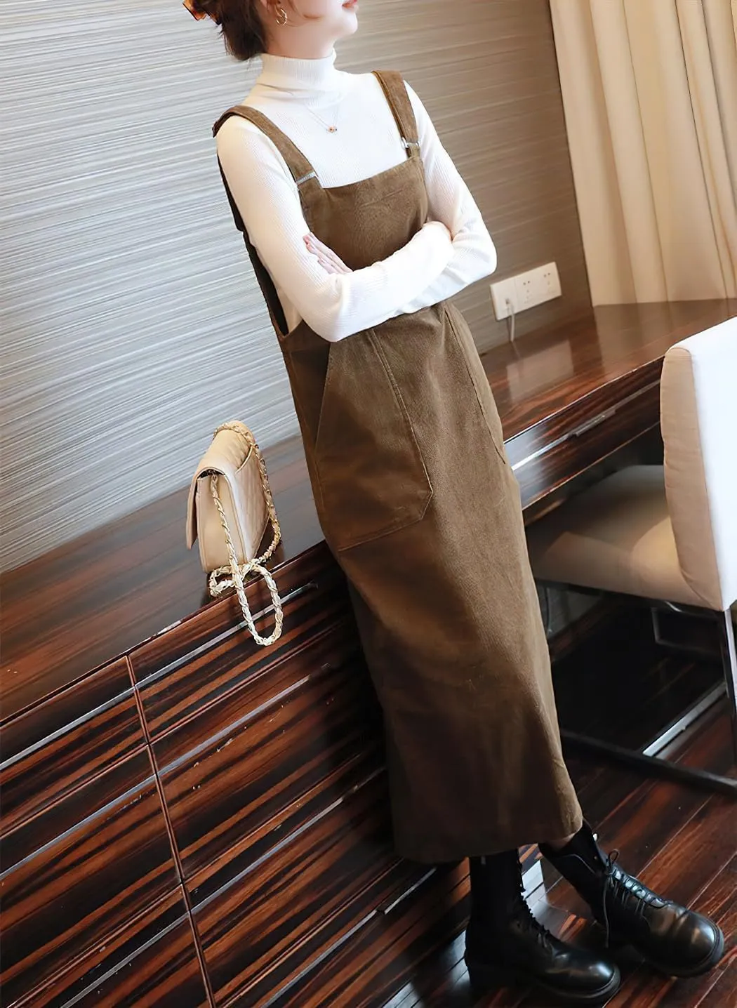 chouyatou Womens Cute Corduroy Adjustable Strap Overall Dress fringe Pinafore Baggy Maxi Long Tank Dress