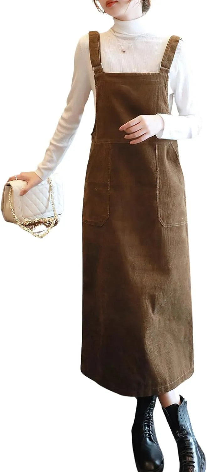 chouyatou Womens Cute Corduroy Adjustable Strap Overall Dress fringe Pinafore Baggy Maxi Long Tank Dress