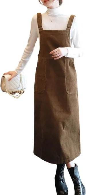 chouyatou Womens Cute Corduroy Adjustable Strap Overall Dress fringe Pinafore Baggy Maxi Long Tank Dress