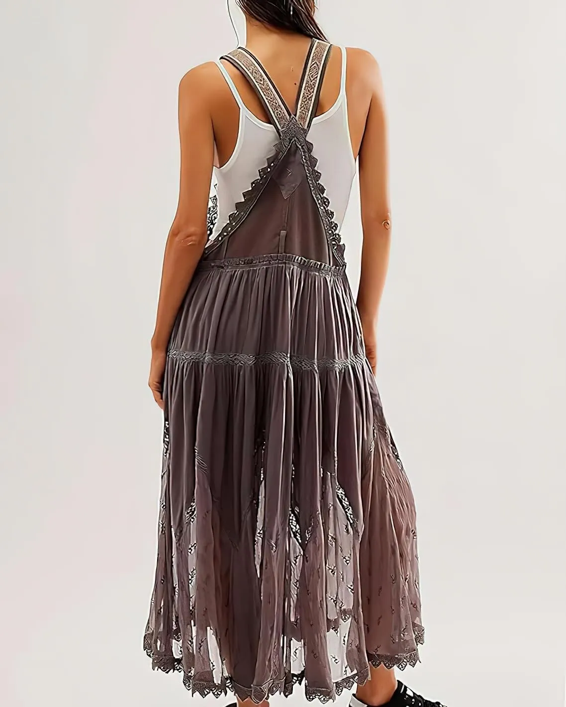 chouyatou Women's Lace Embroidered Tiered Maxi Dress Casual Suspender Strap Bib Overall Jumper Dress