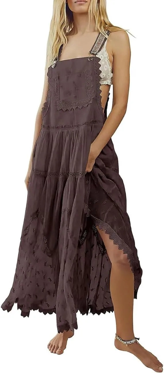 chouyatou Women's Lace Embroidered Tiered Maxi Dress Casual Suspender Strap Bib Overall Jumper Dress