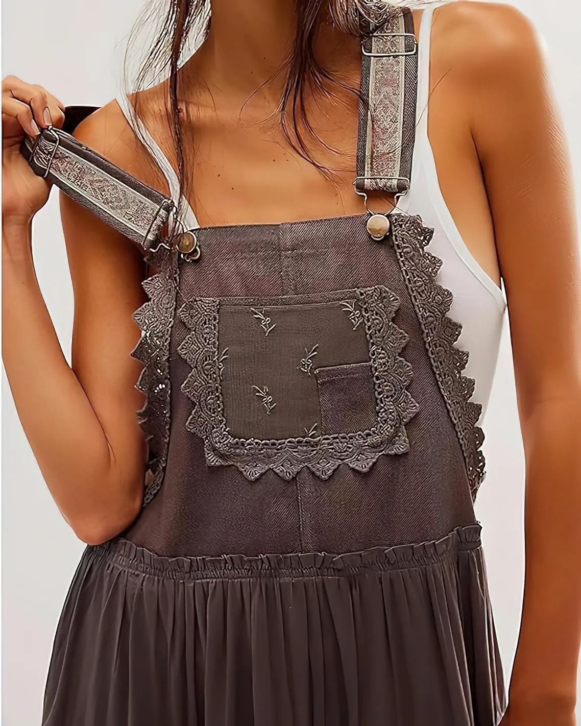 chouyatou Women's Lace Embroidered Tiered Maxi Dress Casual Suspender Strap Bib Overall Jumper Dress