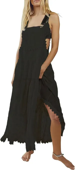 chouyatou Women's Lace Embroidered Tiered Maxi Dress Casual Suspender Strap Bib Overall Jumper Dress