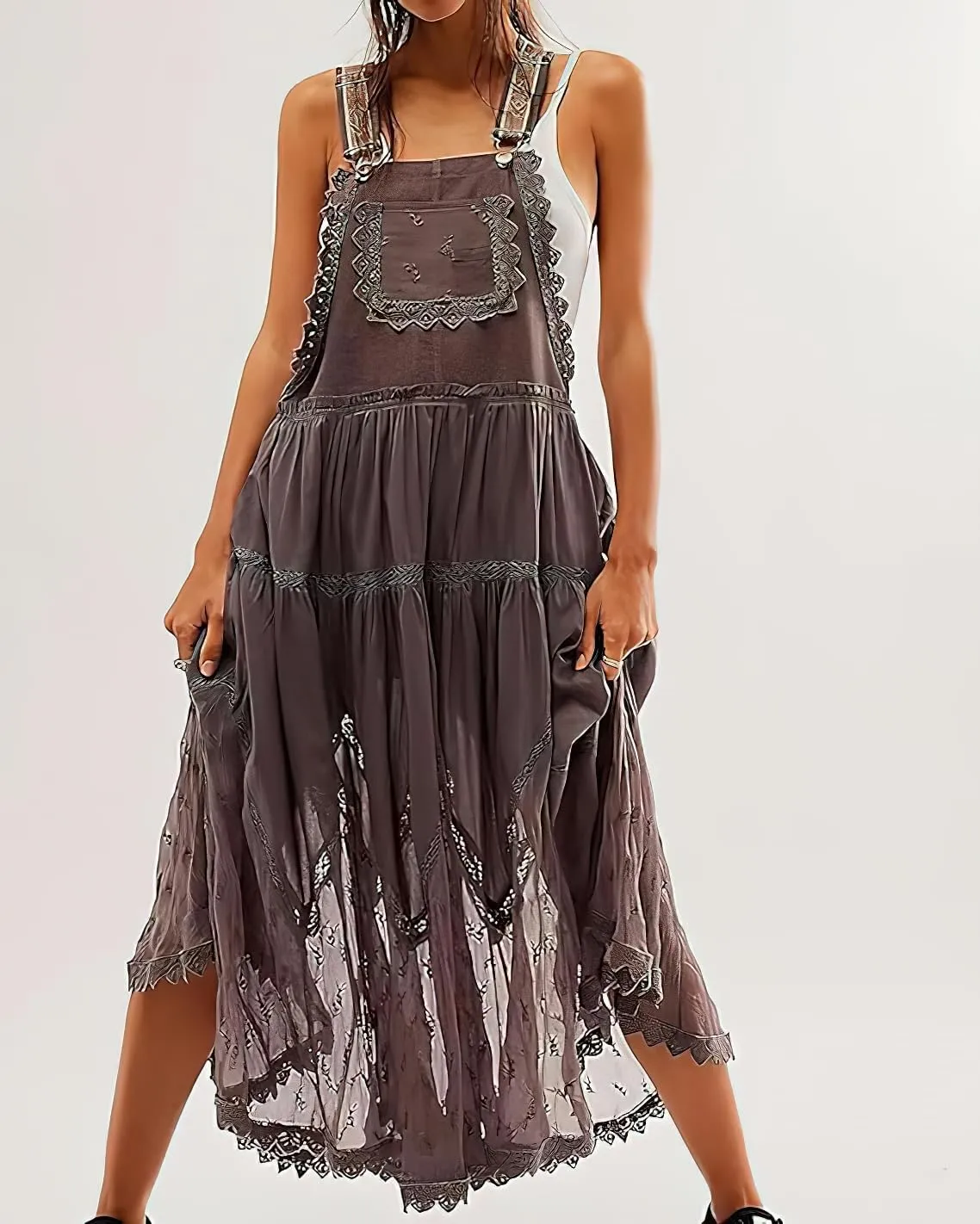 chouyatou Women's Lace Embroidered Tiered Maxi Dress Casual Suspender Strap Bib Overall Jumper Dress