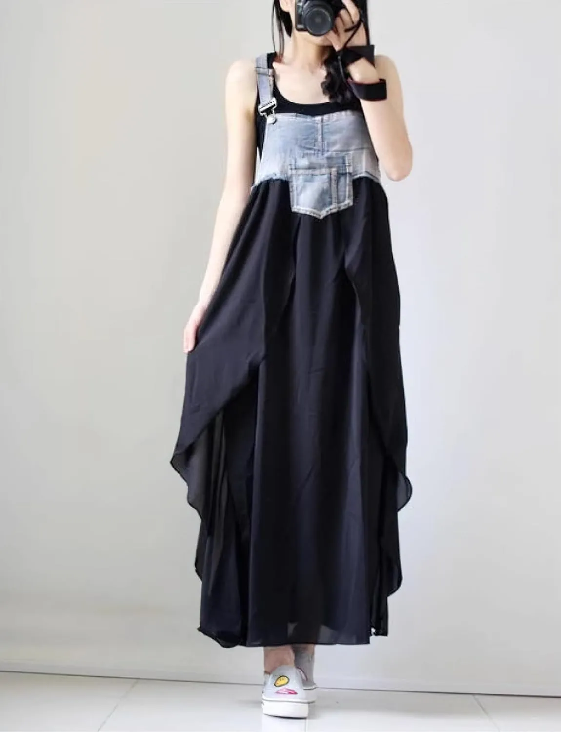 chouyatou Women's Sleeveless Denim Chiffon Splicing Ruffle Overall Dress Loose Maxi Bib Jumper Dress