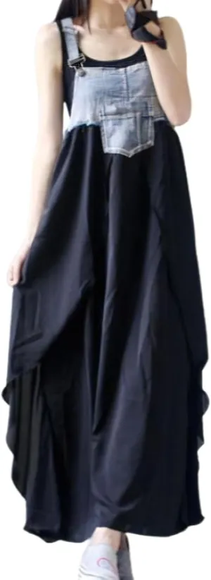 chouyatou Women's Sleeveless Denim Chiffon Splicing Ruffle Overall Dress Loose Maxi Bib Jumper Dress