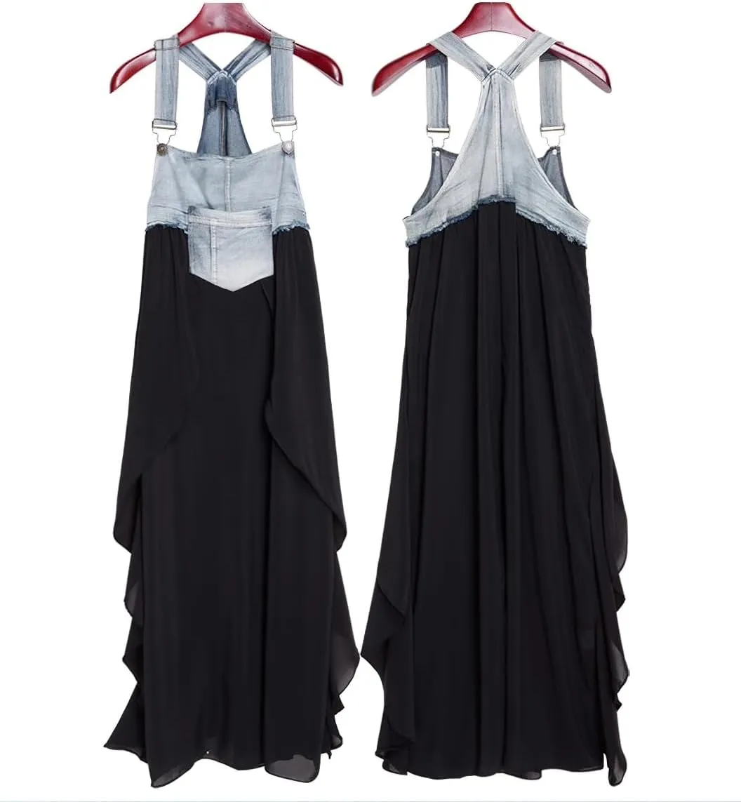 chouyatou Women's Sleeveless Denim Chiffon Splicing Ruffle Overall Dress Loose Maxi Bib Jumper Dress