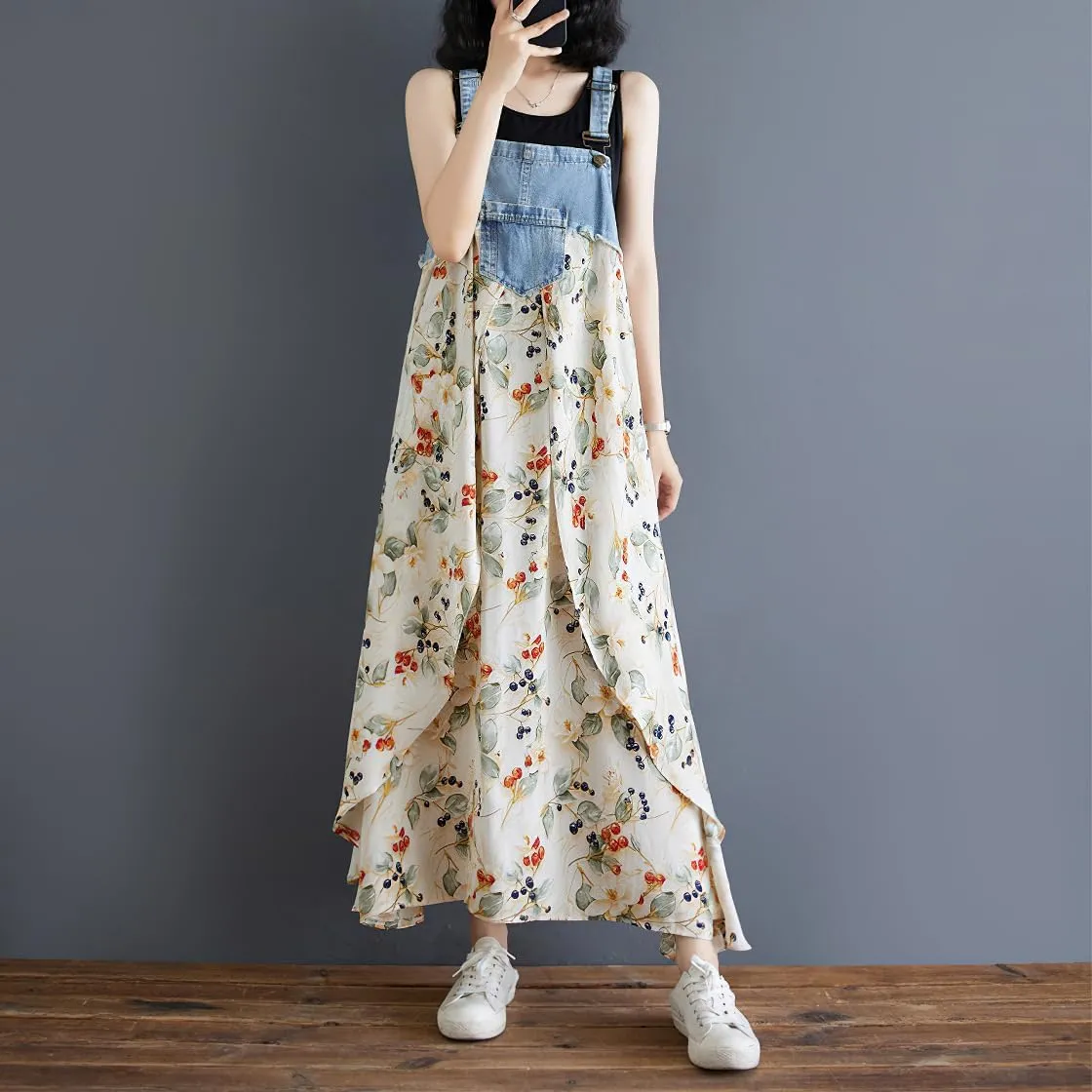 chouyatou Women's Sleeveless Denim Chiffon Splicing Ruffle Overall Dress Loose Maxi Bib Jumper Dress