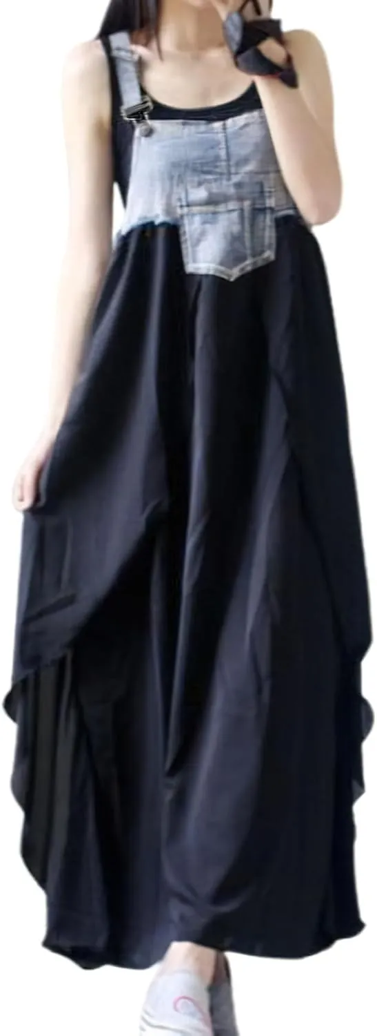 chouyatou Women's Sleeveless Denim Chiffon Splicing Ruffle Overall Dress Loose Maxi Bib Jumper Dress